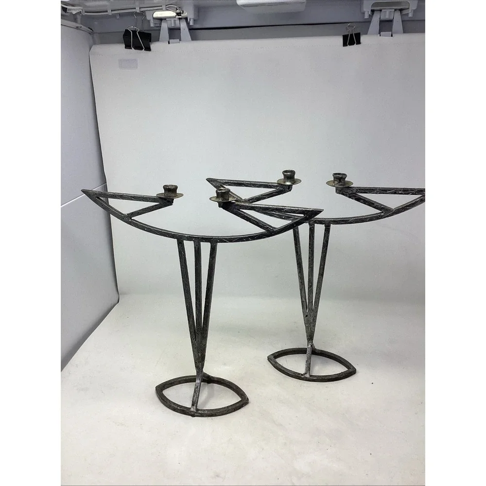 Pair MCM Brutalist Wrought Iron Candlesticks Hand Forged Double Sm Taper 14x14